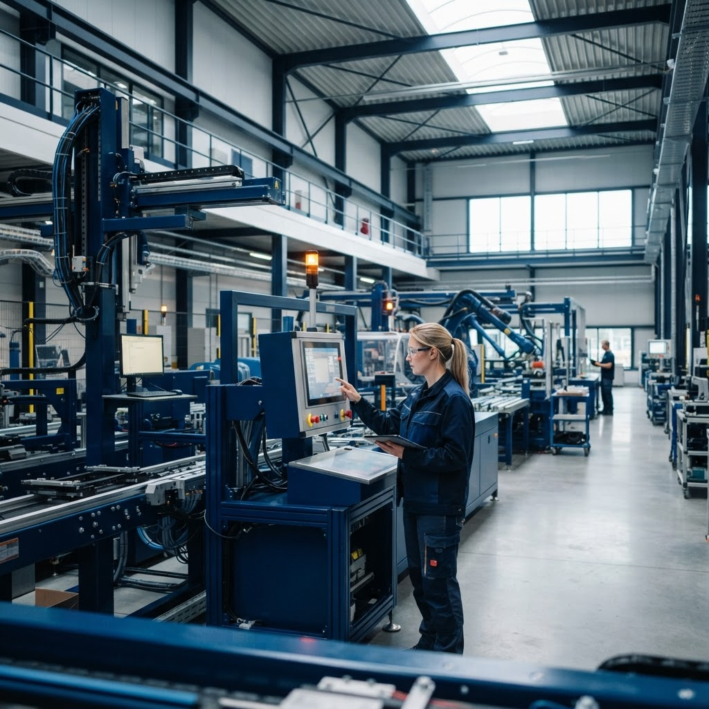 Engineer working with modern industrial automation equipment